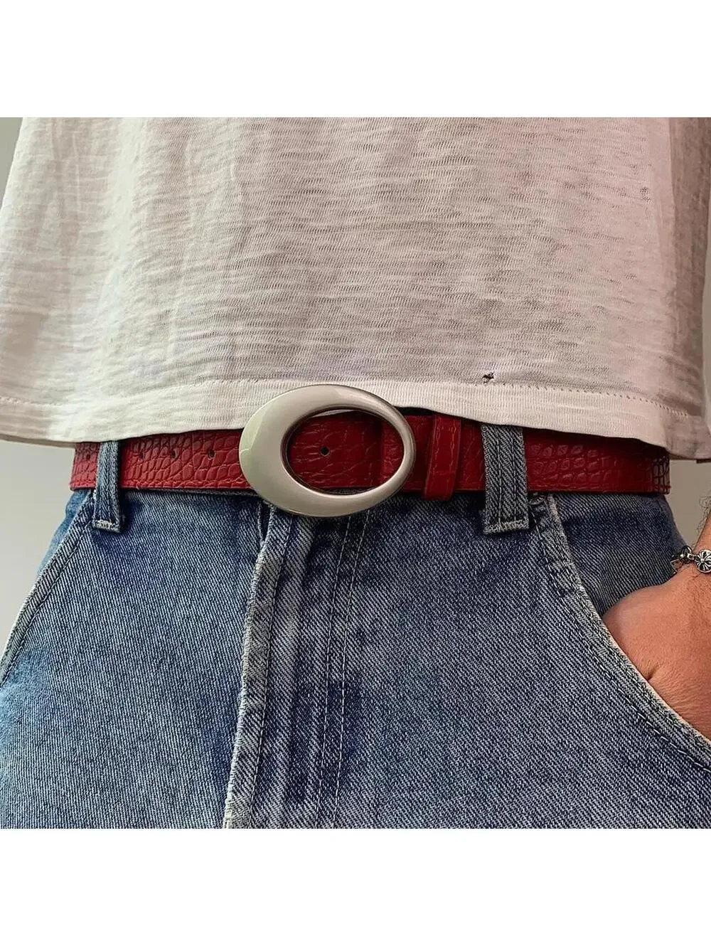 Y2k 2000s style Silver opal belt buckle with Red crocodile style leather. 39 inc